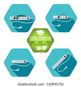 Vector hexagon icons set of modern electric extension cord with shadow on the turquoise background.