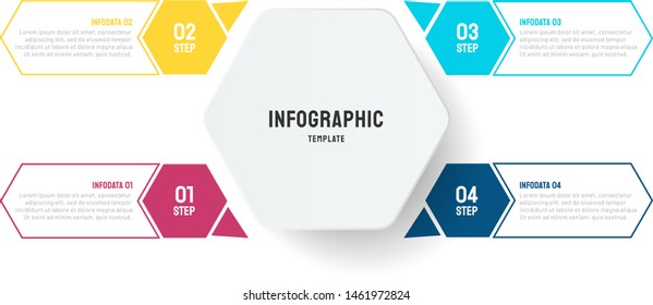 Vector Hexagon infographic with 4 options. Process chart with thin line flat design text box. 