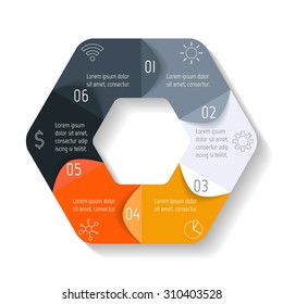 Vector hexagon infographic diagram. Connected chart with 6 options. Paper progress steps for tutorial. Business concept sequence banner. EPS10 workflow layout.