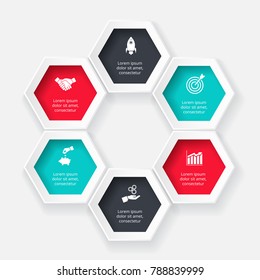 Vector hexagon for infographic. Template for cycle diagram, graph, presentation and chart. Business concept with 6 options, parts, steps or processes. Abstract background.