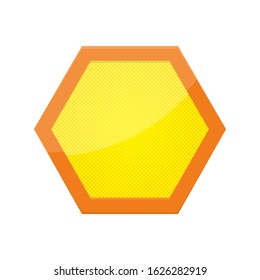 Vector hexagon isolated. Yellow bright hex button. Dotted button in pop art design.