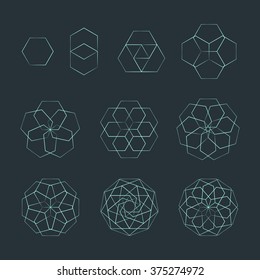 vector hexagon light outline monochrome variations sacred geometry decoration elements collection isolated dark background  
