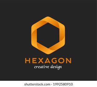 vector hexagon polygon shape, modern design with twisted illusion and elegant orange color, isolated on black background, ideal for types of logos, icons, decorations, etc.