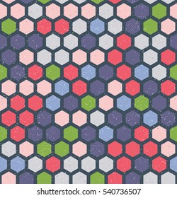 Vector hexagon seamless pattern with retro texture. Shapes in trendy colors.