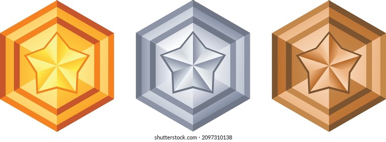Vector hexagon shape gold, silver, Bronze, medals. Collection medal design for game.