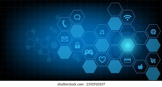 Vector hexagon shape and symbol function lifestyle abstract technology and science background concept with blue color molecule chemistry
