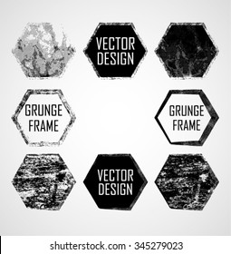 Vector Hexagon Shapes Collection . Set of Polygonal Stamps .  Frames. Grunge, Distressed Texture. 
