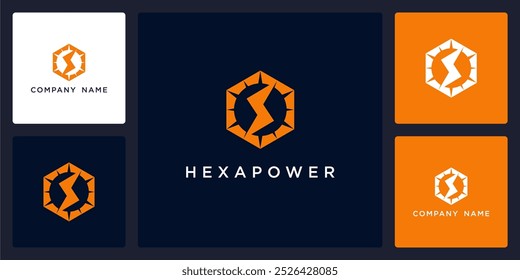 Vector of hexagon, sun and lightning power, logo and icon design template available, can be used in various media easily, editable
