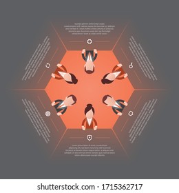 Infografik der Vektorillustration Hexagon-Vorlage mit Icon. Cartoon Figur Geschäftsfrau und Geschäftsmann.