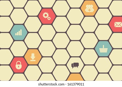 vector Hexagon texture with icons gears, lock, padlock, bubbles, basket, add group, mail, raitings and download