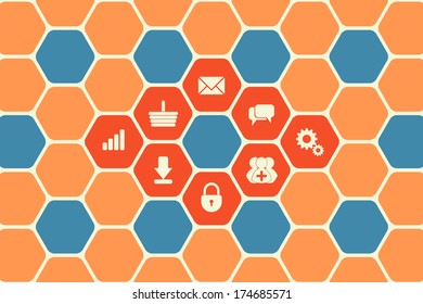 Vector Hexagon texture with icons gears, lock, padlock, bubbles, basket, add group, mail, ratings and download