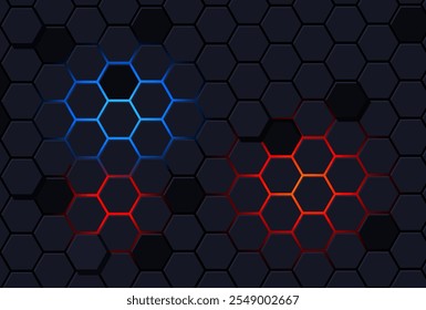 Fondo negro futurista abstracto hexagonal del Vector con la luz de neón en el fondo Diseño del panal para el uso del UI, del Diseño web, del App, del volante etc.	
