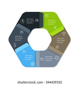 Vector hexagonal connected infographic diagram. Circular chart with 6 options. Paper progress steps for tutorial with six parts. Business concept sequence banner. EPS10 workflow layout.