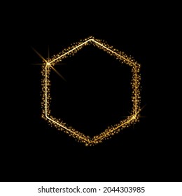 Vector hexagonal gold frame with glitter and flares.