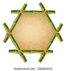 Vector hexagonal green bamboo stick border isolated on white background. Mockup template. Rope, old vintage paper, worn canvas. Abstract concept tropical signboard with copy space, clip art.