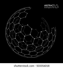 Vector Hexagonal Grid Broken Sphere Isolated On Black Background