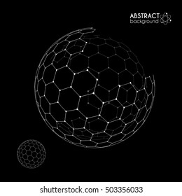 Vector hexagonal grid broken sphere planet model isolated on black background