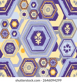 Vector hexagonal patchwork seamless pattern, hexagon geometric shapes with organic floral details, creating dynamic background design for textile and interior