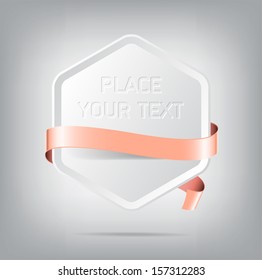 Vector hexagonal plastic banner with pale pink silky ribbon