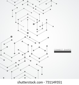 Vector hexagons connection and social network. Concept with lines and dots.