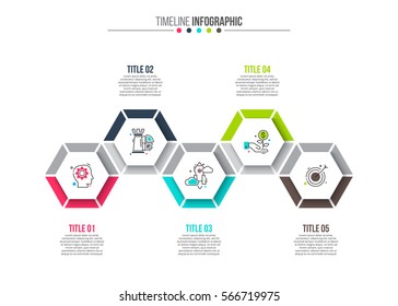 Vector hexagons elements for infographic. Template for diagram, graph, presentation and chart. Business concept with 5 options, parts, steps or processes. Stroke icons.