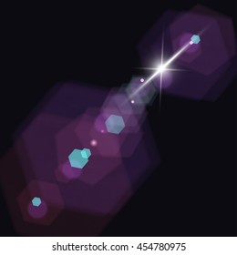 Vector hexagons flare effect. Colorful bokeh and white star on dark background. Release clipping mask for work.