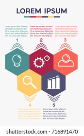 Vector hexagons infographic, diagram chart, graph presentation. Business template with 5 options, parts, steps, processes