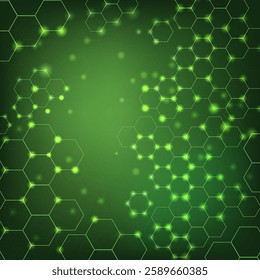 Vector Hexagons pattern green background. Healthcare, science and medicine background. Genetic research, molecular structure. Chemical engineering. Concept of innovation technology. Hi-tech Cyber