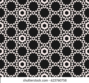 Vector hexagons texture, geometric seamless pattern with perforated hex, delicate hexagonal grid. Abstract monochrome subtle background, repeat tiles. Dark design for prints, decor, fabric, covers