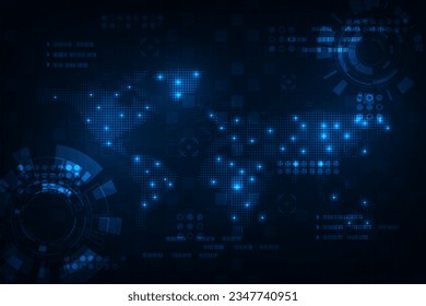 Vector hi tech circuit technology with world map geometric futuristic background.