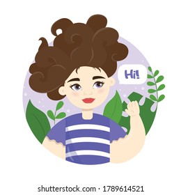 Vector Hi World! The girl with a smile on her face waves her hand and says "Hello". Illustration "Greeting". The young woman is glad to see you. Welcome!