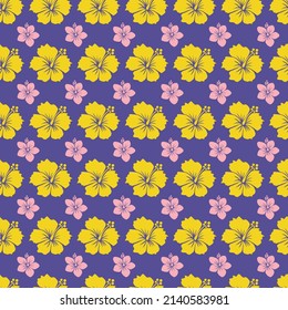 Vector hibicus yellow and pink color flowers seamless pattern background