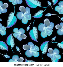 Vector hibiscus in blue colors on a black background. Seamless pattern with tropical flowers in watercolor style.