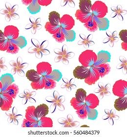 Vector hibiscus in blue and pink colors on a white background. Seamless pattern with tropical flowers in watercolor style.