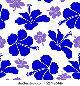 Vector hibiscus in blue and violet colors on a white background. Seamless pattern with tropical flowers in watercolor style.