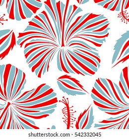 Vector hibiscus in blue and white colors on a white background. Seamless pattern with tropical flowers in watercolor style.