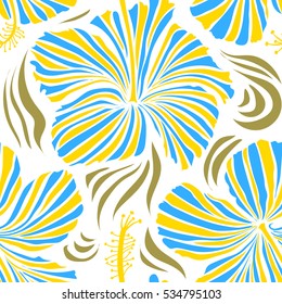 Vector hibiscus in blue and yellow colors on a white background. Seamless pattern with tropical flowers in watercolor style.