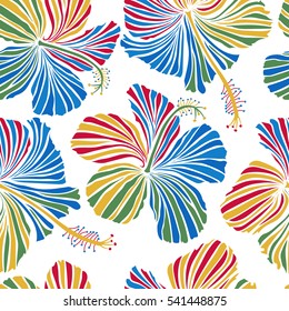 Vector hibiscus in blue, yellow and red colors on a white background. Seamless pattern with tropical flowers in watercolor style.