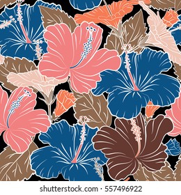 Vector hibiscus in brown, pink and orange colors on a black background. Seamless pattern with tropical flowers in watercolor style.