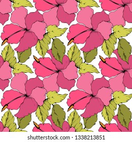 Vector Hibiscus floral botanical flower. Exotic tropical hawaiian summer. Engraved ink art on white background. Seamless background pattern. Fabric wallpaper print texture.