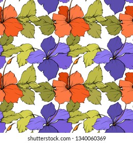 Vector Hibiscus floral botanical flower. Exotic tropical hawaiian summer. Engraved ink art on white background. Seamless background pattern. Fabric wallpaper print texture.