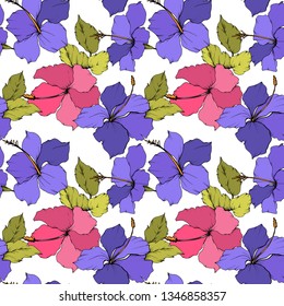 Vector Hibiscus floral botanical flower. Exotic tropical hawaiian summer. Engraved ink art on white background. Seamless background pattern. Fabric wallpaper print texture.
