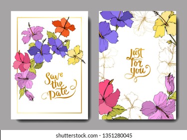 Vector Hibiscus floral botanical flower. Engraved ink art. Wedding background card floral decorative border. Thank you, rsvp, invitation elegant card illustration graphic set banner.