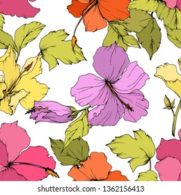 Vector Hibiscus floral botanical flower. Exotic tropical hawaiian summer. Engraved ink art on white background. Seamless background pattern. Fabric wallpaper print texture.