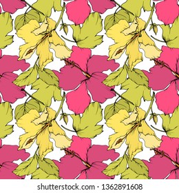 Vector Hibiscus floral botanical flower. Exotic tropical hawaiian summer. Engraved ink art on white background. Seamless background pattern. Fabric wallpaper print texture.