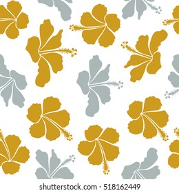 Vector hibiscus floral pattern. Design in yellow and gray colors for invitation, wedding or greeting cards. Floral seamless pattern with hibiscus flowers. Hand drawing design on a white background.