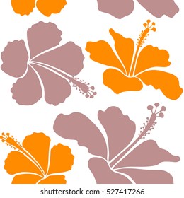 Vector hibiscus floral pattern. Design in orange and neutral colors for fabric, wedding or greeting cards. Floral seamless pattern with hibiscus flowers. Hand drawing sketch on a white background.