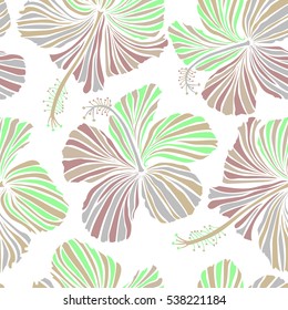 Vector hibiscus floral pattern. Design in green, neutral and beige colors for fabric, textile, print. Floral seamless pattern with hibiscus flowers. Watercolor hand drawing style on white background.