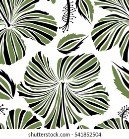 Vector hibiscus floral pattern. Design in black and green colors for printing, wedding, greeting cards. Floral seamless pattern with hibiscus flowers. Watercolor hand drawing style on white background