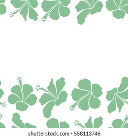 Vector hibiscus floral pattern. Design in green colors for invitation, wedding, greeting card. Horizontal floral seamless pattern with hibiscus flowers and copy space. Hand drawn on a white background